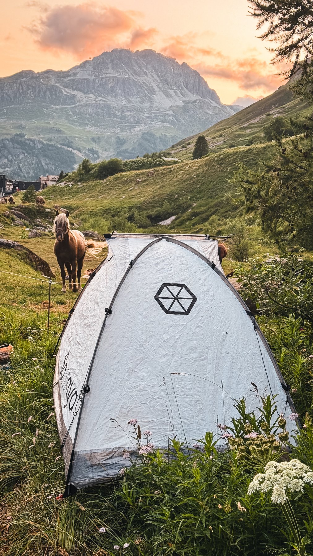 Bivouac in the Alps at sunset
