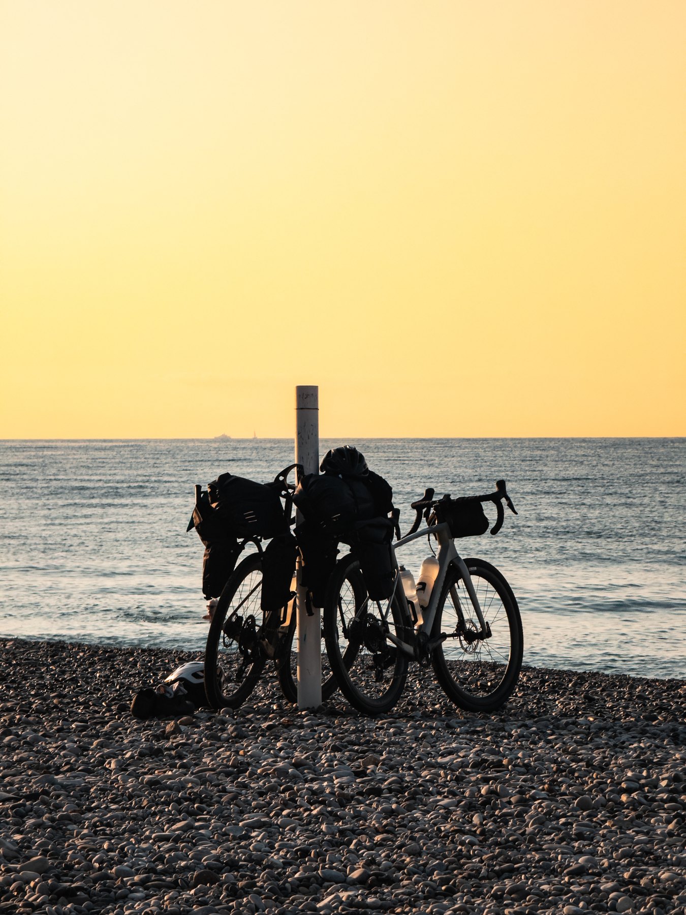 Loaded bikes by the Mediterranean in Nice